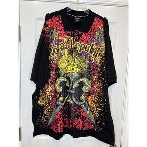 Y2K ROYAL REPUBLIC GRAPHIC ALL AROUND PRINT 5X RARE Black Gold Crown & Sword New